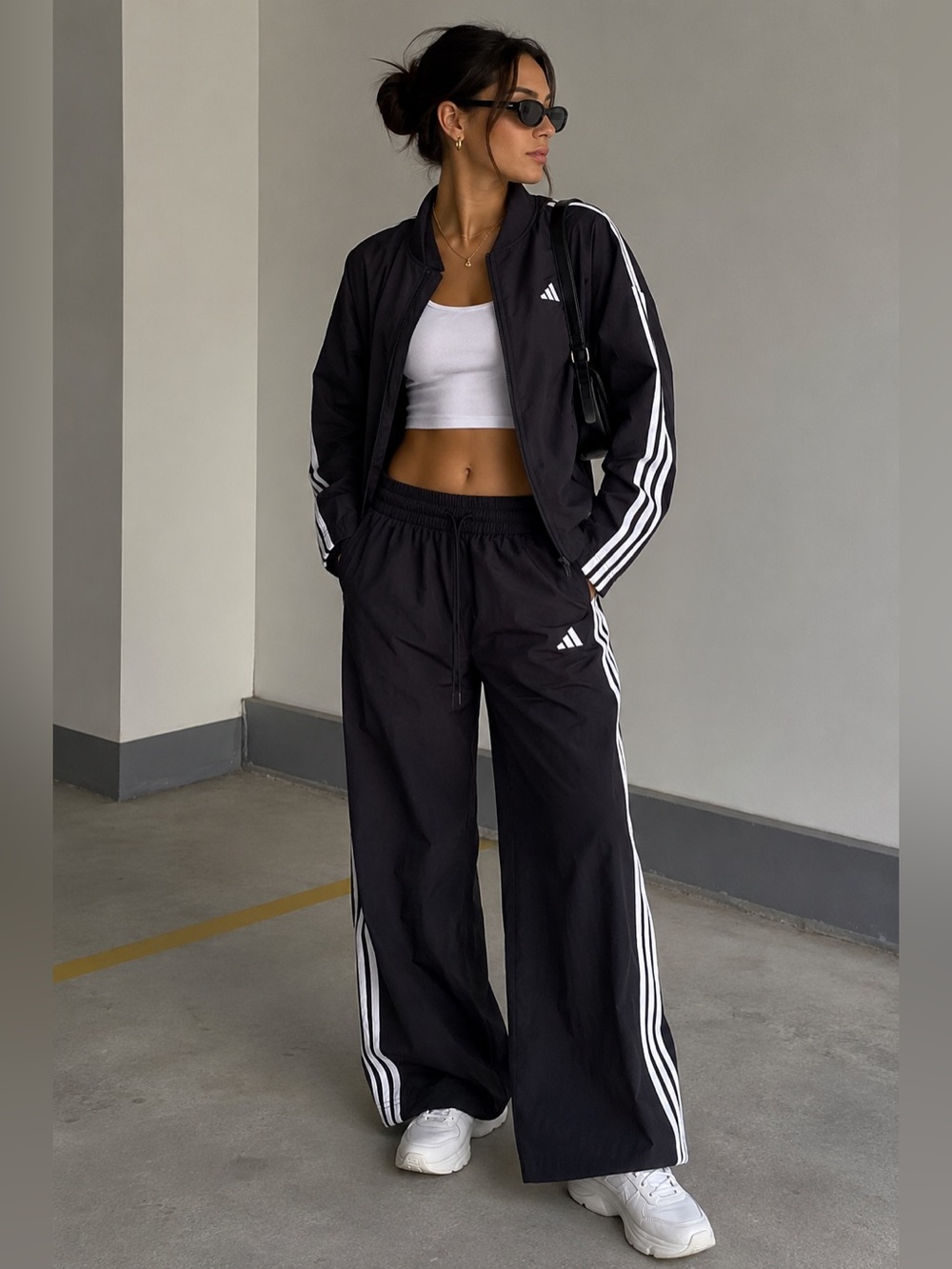 Adidas Essentials 3 Stripe Bomber Jacket & Wide Leg Track Pants Set XL GUC